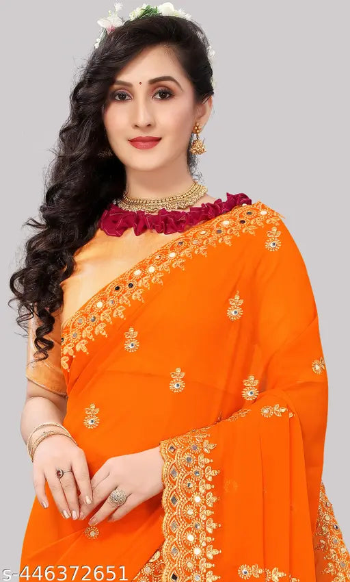 Georgette glass mirror Bollywood saree with satin blouse, intricate embroidery, India origin