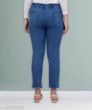 Stretchable premium denim knee-high slit blue jogger jeans, baggy and mid-rise party wear for plus size women (32-46 waist, 38 in length). Indian manufacturer/promoter