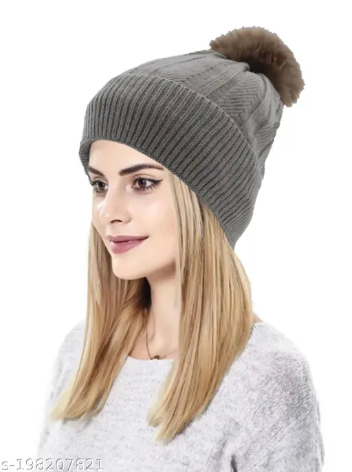 Brown wool, embroidered ladies beanie cap - warm winter corkscrew cable knit with pom