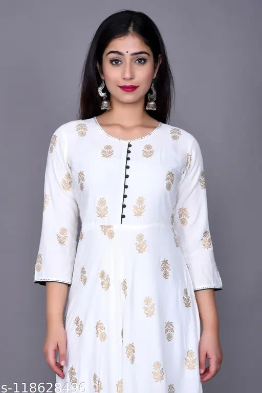 Rayon printed Anarkali kurtis for women, three-quarter sleeves, Indian fashion, XS to XXXL sizes