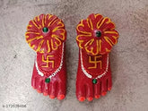 Terracotta clay Lakshmi Charan Paduka for prosperity and wealth, handcrafted red showpiece (8cm x 3cm), from India