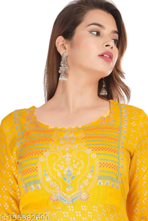 Women's Yellow Printed Long Rayon Anarkali Kurti - Stylish, comfortable ethnic wear perfect for festivals, events, functions. Available in various sizes (S-XXXL). High-quality rayon material, suitable for summer. Affordable prices. Indian origin
