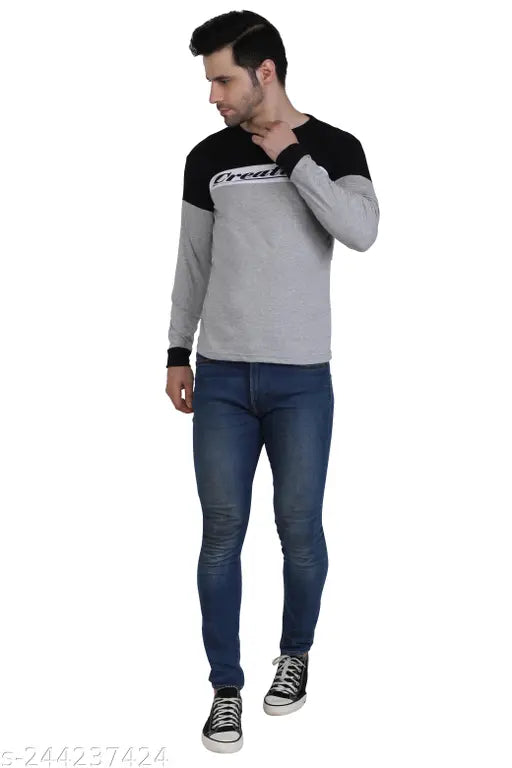 Round neck cotton blend t-shirts, long sleeves, printed pattern, men's casual wear, breathable fabric, India origin