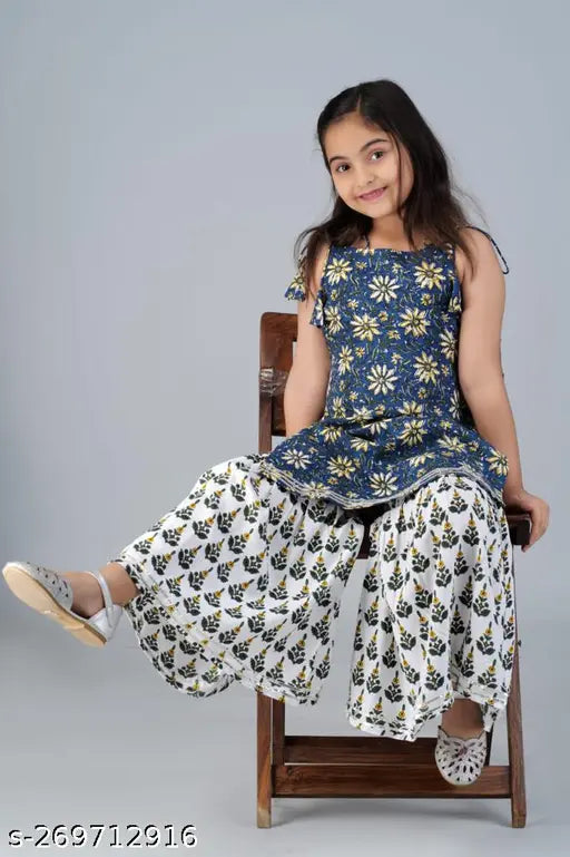 Multicolor premium rayon Kids kurta with Sharara set, printed, sleeveless top on model, 9-10 years size, Indian origin