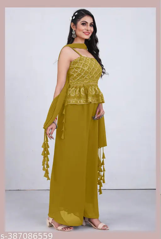 Sequined Georgette Peplum Top with Palazzo and Tasseled Dupatta, Indian ethnic wear fashion set