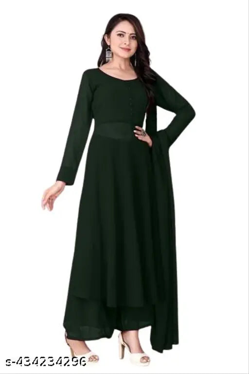 Georgette fabric, long-sleeved plain Anarkali gown set with dupatta and palazzo – traditional Indian attire