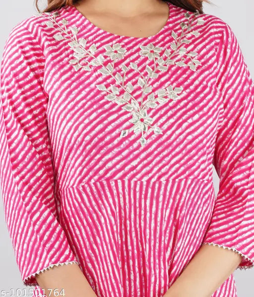 Rayon Lahariya printed striped pink gown, three-quarter sleeves, Indian handloom fashion