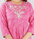 Rayon Lahariya printed striped pink gown, three-quarter sleeves, Indian handloom fashion