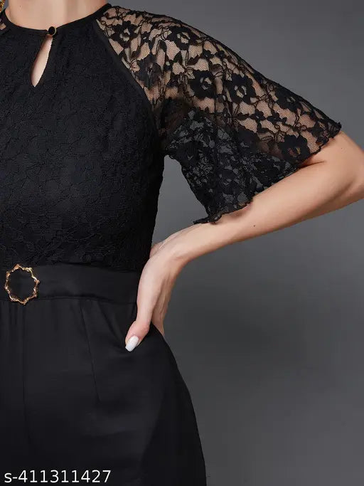 Black viscose rayon flared sleeve floral raglan jumpsuit by Miss Chase, self-design net pattern, XS to XXL sizes available