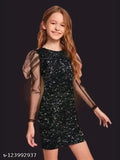 Girls mini net embroidered festive wedding dress, long sleeves in various sizes from 7-18 years old, made in India with lycra and velvet