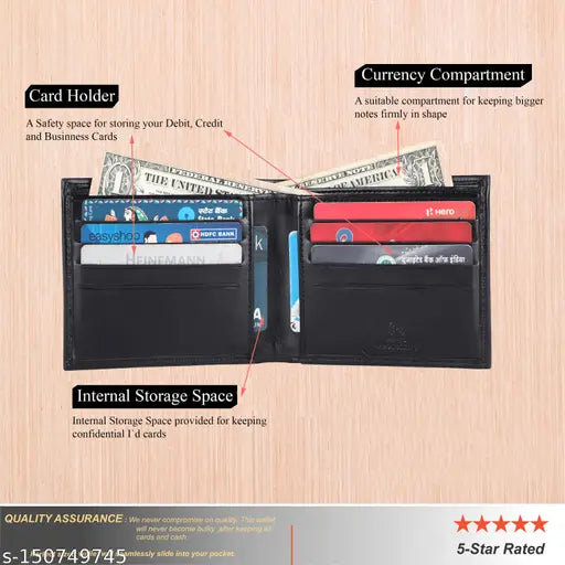 Black faux leather RFID wallet & pen combo for men, regular size with 8 card slots and 2 compartments, solid design from India