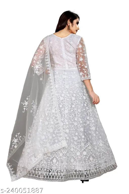 White embroidered net chain stitch gown, free size (44 in bust, 52 in length), comes with inner and dupatta, 3/4 sleeves, semi-stitched, 57 inch length, dry clean or hand wash, Indian origin