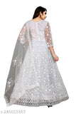 White embroidered net chain stitch gown, free size (44 in bust, 52 in length), comes with inner and dupatta, 3/4 sleeves, semi-stitched, 57 inch length, dry clean or hand wash, Indian origin