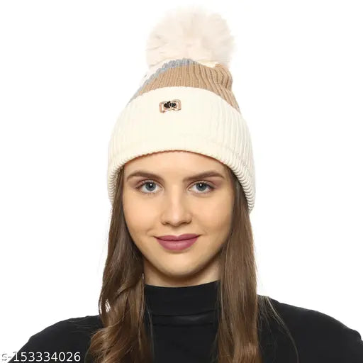 Winter soft, snow-proof beanie with fur pom pom (wool), ideal for women & girls' outdoor activities
