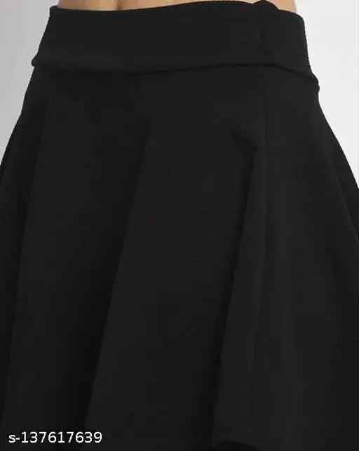 Black polyester Korean Skater flared mini skirt, elasticated waistband, slip-on closure, flared hem - ideal for versatile styling in women's wardrobe. Made in India
