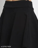 Black polyester Korean Skater flared mini skirt, elasticated waistband, slip-on closure, flared hem - ideal for versatile styling in women's wardrobe. Made in India