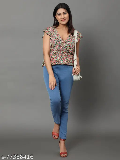 Dark blue denim jeggings for women: skinny fit, high waist, stretchable, elastic closer, ankle length