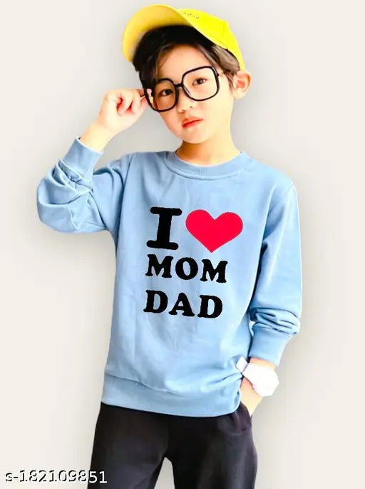 Cotton blend kids' round neck sweatshirt with "I Love Mom Dad" print in various sizes, 6-12 Months to 14-15 Years. Made in India