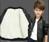 Boys leather biker bomber jacket with faux fur inside, PU, long sleeves, solid pattern. Kids' leather bomber jacket for warmth and style. Available in various sizes from 1-2 years to 12-13 years, made in India