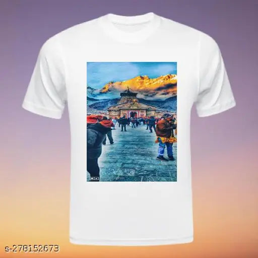 Orange striped polyester unisex t-shirt, comfortable premium casual wear for any occasion, Busimax Kedarnath Lover Print design on front
