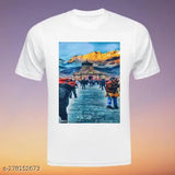 Orange striped polyester unisex t-shirt, comfortable premium casual wear for any occasion, Busimax Kedarnath Lover Print design on front