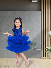 Royal blue net frock for girls, solid pattern, knee-length, suitable for parties and events, Indian origin