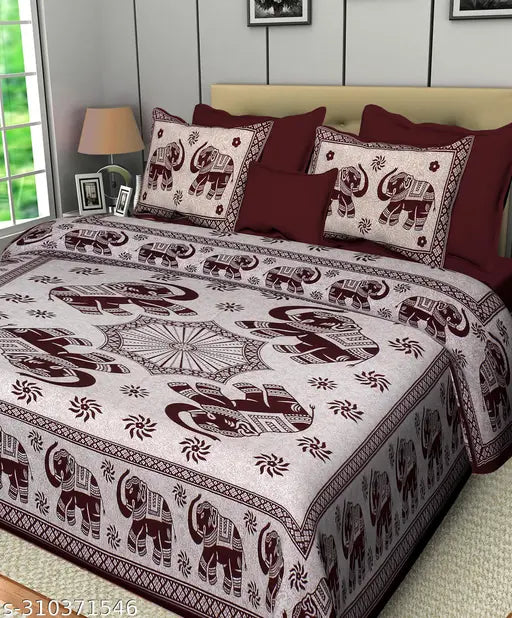 Brown Elephant Floral Printed Cotton King Size Bedsheet Set with 2 Pillow Covers (144 TC, 100% Cotton) for Home & Living Room
