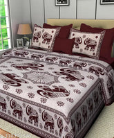 Brown elephant floral printed 144 TC cotton king size bedsheet with 2 pillow covers, comfortable for home living room