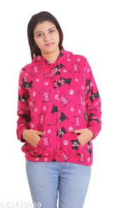 Women's puppy print hooded winter jacket, polyester, long sleeves, printed net, side 2 pockets, full closure with zipper, elastic waistband, suitable for winter occasions