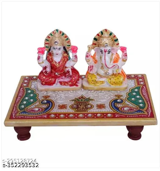 Marble Laxmi Ganesh Idol, handcrafted resin statues for home office pooja chowki. Multicolor, 10cm x 10cm x 15cm size