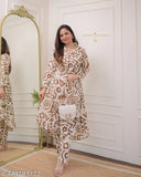 Pure cotton khaaki co-ord set for women, stylish ethnic kurta pant set with three-quarter sleeves, printed net pattern for casual and festive wear