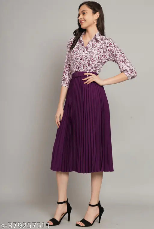 Printed net kurta set for girls, polyester dress with collar, elastic waist, and PU belt in various sizes (5-12 years)