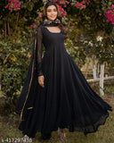 Women's black georgette gown with dupatta set, Indian bridal wear in full stitch with crepe lining and 2m dupatta