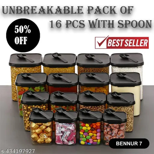 Black plastic dry fruit jar & container set with spoons (350ml, 650ml, 900ml, 1400ml), airtight and BPA-free, organizes kitchen ingredients