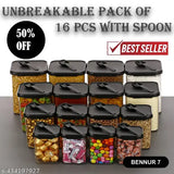 Black plastic dry fruit jar & container set with spoons (350ml, 650ml, 900ml, 1400ml), airtight and BPA-free, organizes kitchen ingredients