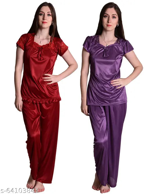 Purple maroon satin pyjama set, Nightdoll Women's Combo's Night Suit/Top Payjama Set - comfortable and chic nightwear for women
