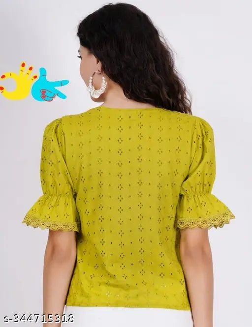 Trendy cotton embroidery top (M, bust 36in, length 21in), intricate design, perfect for fashionable outfits