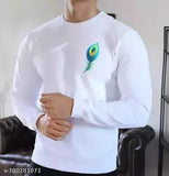 White full polyester Mavaiga men's long sleeve t-shirt with printed design, size chart included