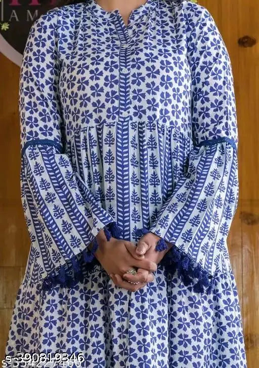 Viscose Anarkali Kurti with pom-pom lace, long sleeves, printed design. Bohemian-style women's clothing, India origin