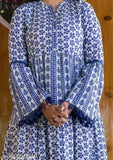 Viscose Anarkali Kurti with pom-pom lace, long sleeves, printed design. Bohemian-style women's clothing, India origin