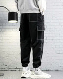 Black Lycra baggy jeans joggers for men, versatile zip cargo style with utility pockets, perfect for workout or casual wear