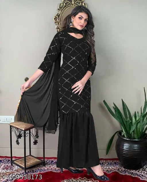Women's Georgette sequined work Kurta Sharara set with dupatta and bottomwear - Embellished, three-quarter sleeves in Indian sizes XS to XXL