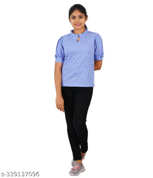 LT Blue with Lilac print, short-sleeved cotton SYVI Mandarin collar t-shirt for women, India origin