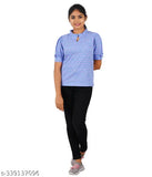 LT Blue with Lilac print, short-sleeved cotton SYVI Mandarin collar t-shirt for women, India origin