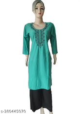 Rama Green woolen embroidered kurti for women, full-length three-quarter sleeve, soft and stretchable