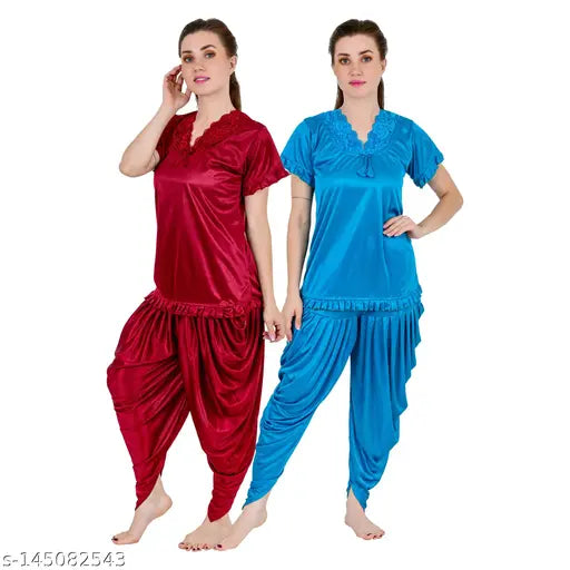 Maroon satin Women's Patiala Dhoti Kurta Set, soft and comfortable for honeymoon or WFH, India-made