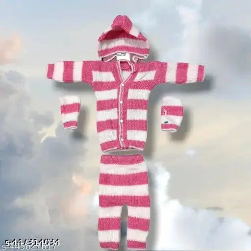 Striped cotton payjama, shirt, cap, and shocks set for cute baby winter clothing, Indian-made baby winter wear with long sleeves