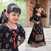 Girls black rayon kurtis & kurta with three-quarter sleeves, printed net pattern. Rayon girls clothing from India