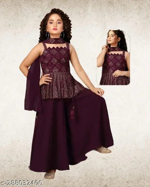 Georgette Kurta Plazo set, embroidered A-line top with palazzo bottoms for kids aged 3-4 years, Indian fashion