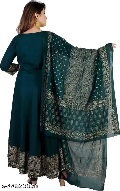 Gold print anarkali kurti with dupatta (Skyasia Women), cotton three-quarter sleeves, solid pattern, stitched, India origin